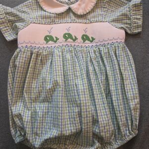 Remember Nguyen Green and White Whale Plaid Baby Romper